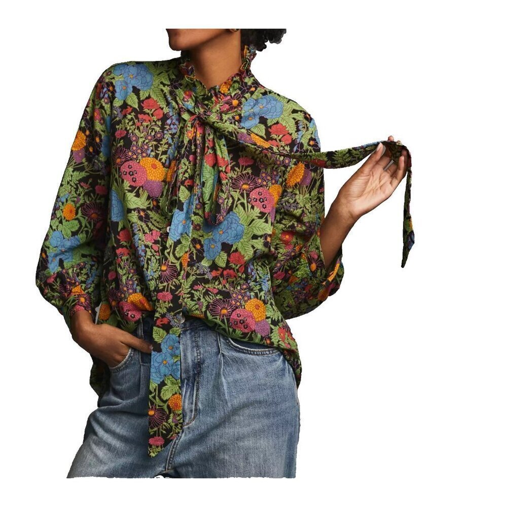 Anthropologie Mille Blair Blouse size XS Bontanica Black Print Long Sleeves